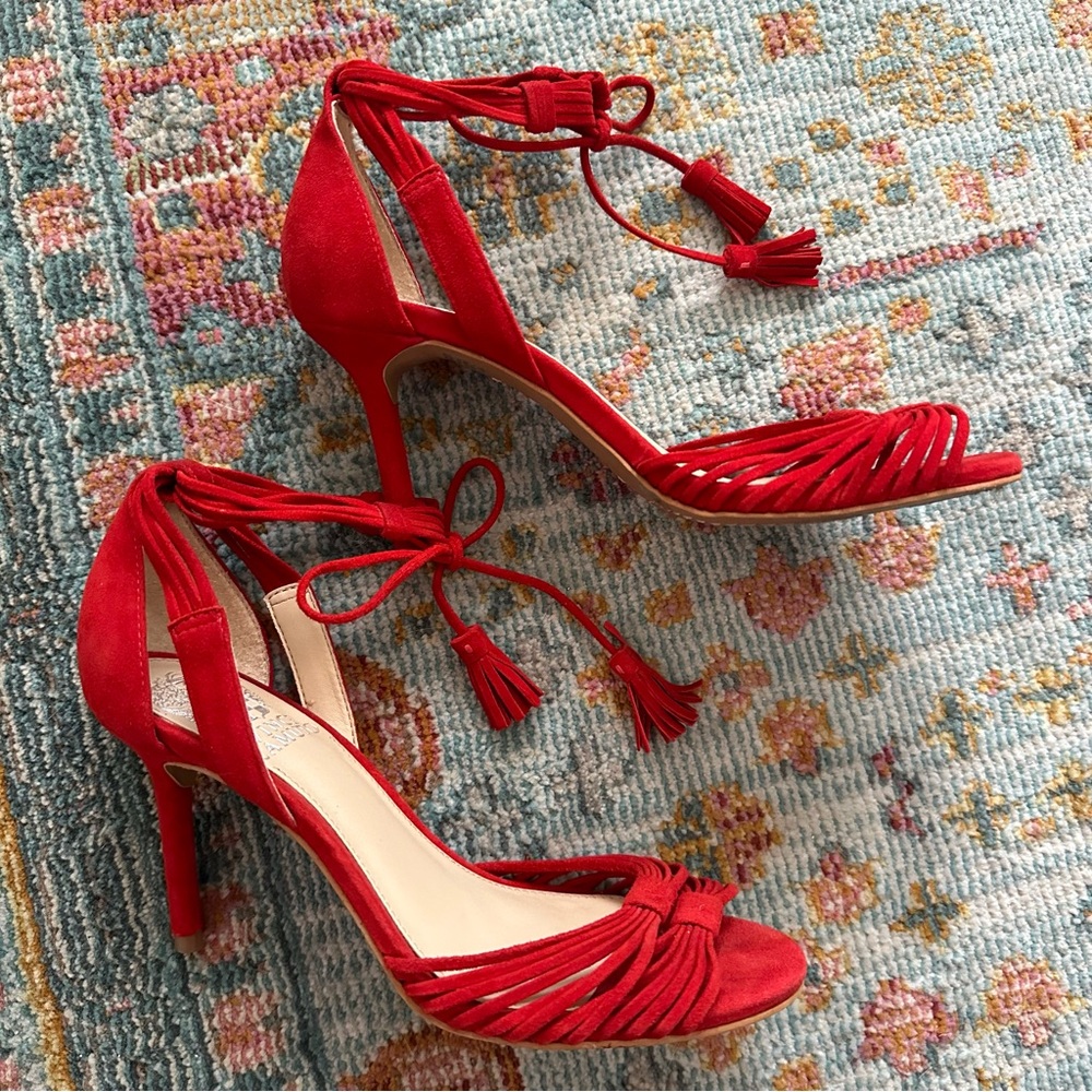 VINCE CAMUTO Stellima Ankle-strap Heels in Red Suede 6.5